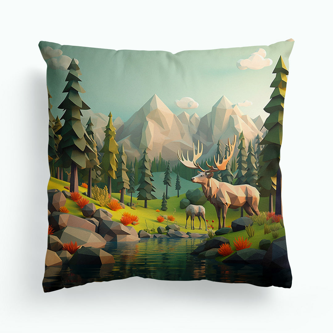 Deer in the Forest Low Poly Cushion