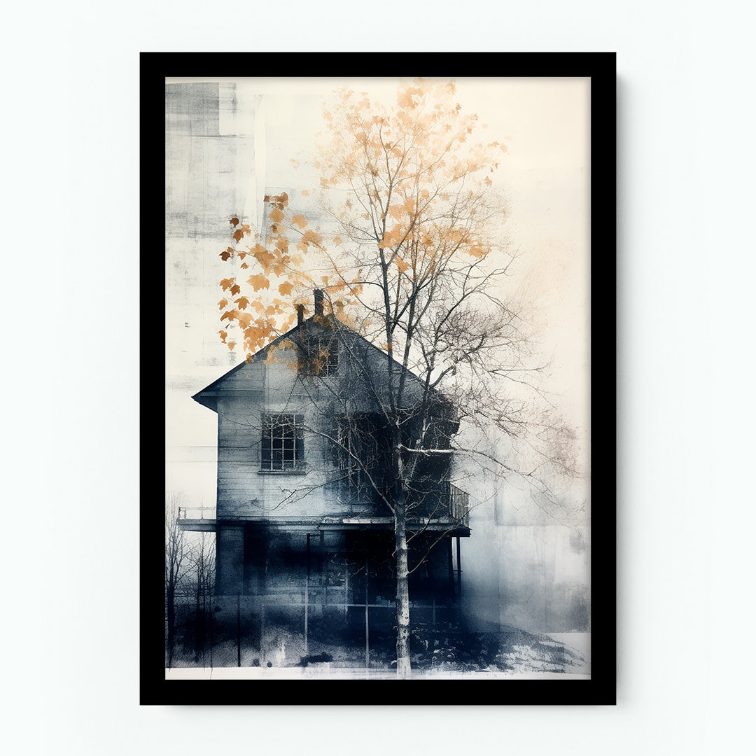 Blue Building and Golden Trees Anthotype Poster