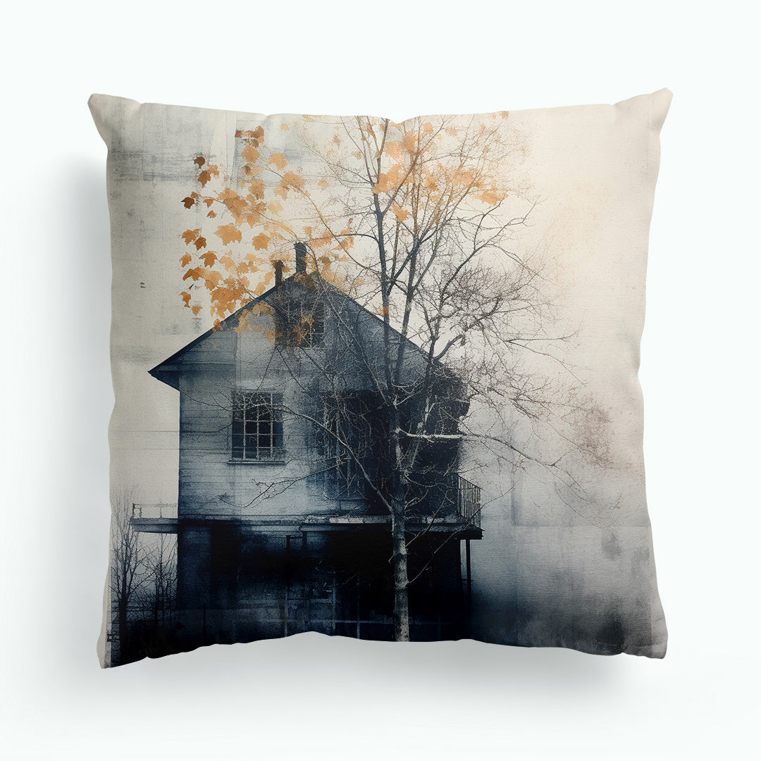 Blue Building and Golden Trees Anthotype Cushion